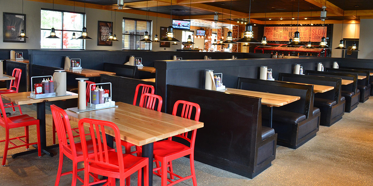 interior seating with red chairs